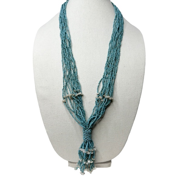Light Ocean Blue Necklace Sea Shell Seed Beads Multi Strand Statement Tassel - Picture 3 of 7